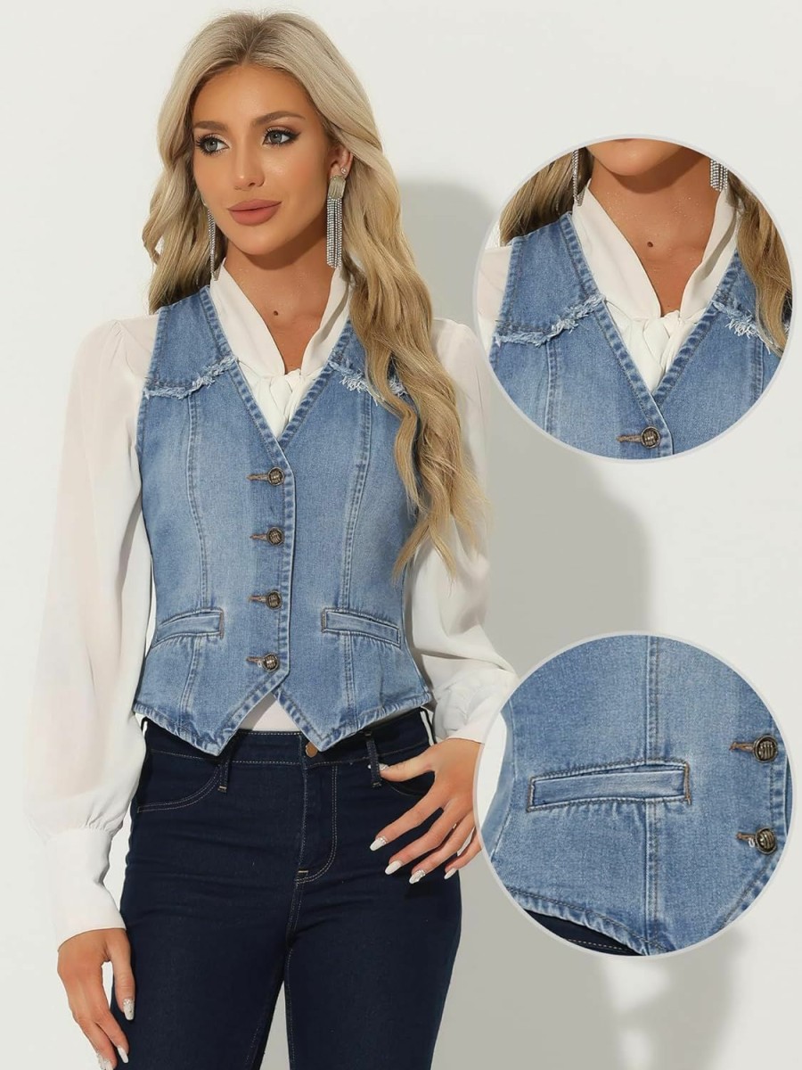 Allegra K Allegra K Denim Vest For Women'S Sleeveless V Neck Washed Distressed Jean Jacket | Coats, Jackets & Vests