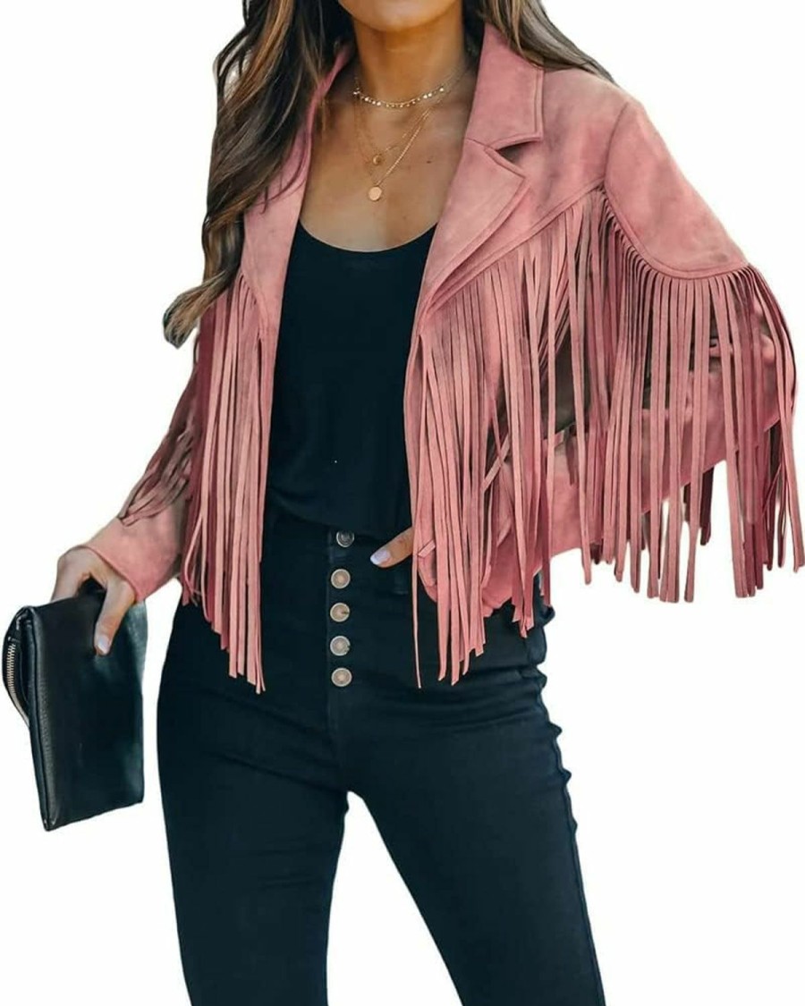 utcoco Utcoco Women'S Faux Suede Leather Fringe Jacket Motorcycle Moto Biker Short Open Front Tassel Coat | Coats, Jackets & Vests