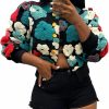 Gihuo Gihuo Women'S Floral Print Bomber Jacket Cropped Fleece Warm Button Down Coats Round Neck Fall Outerwear | Coats, Jackets & Vests