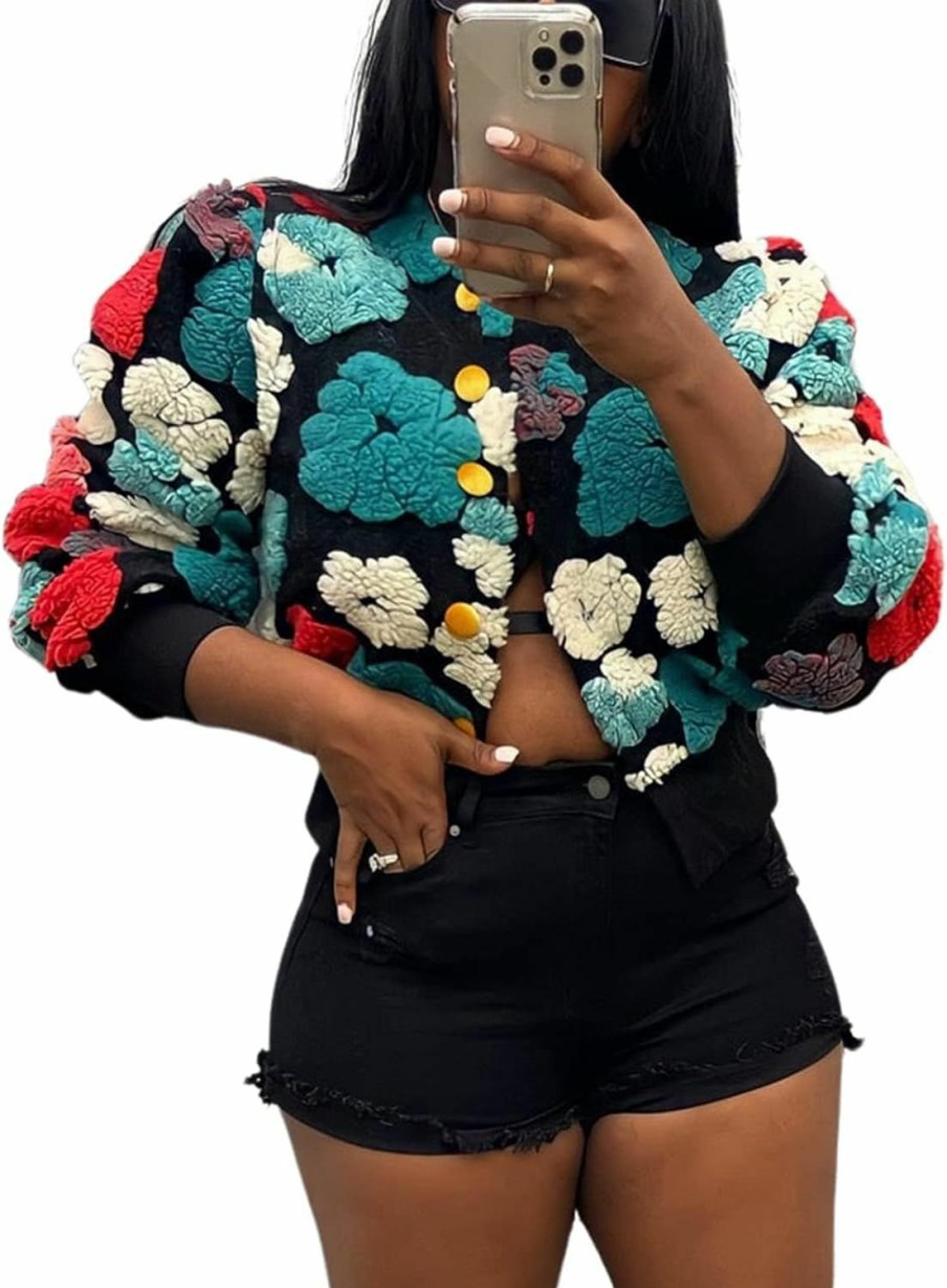 Gihuo Gihuo Women'S Floral Print Bomber Jacket Cropped Fleece Warm Button Down Coats Round Neck Fall Outerwear | Coats, Jackets & Vests