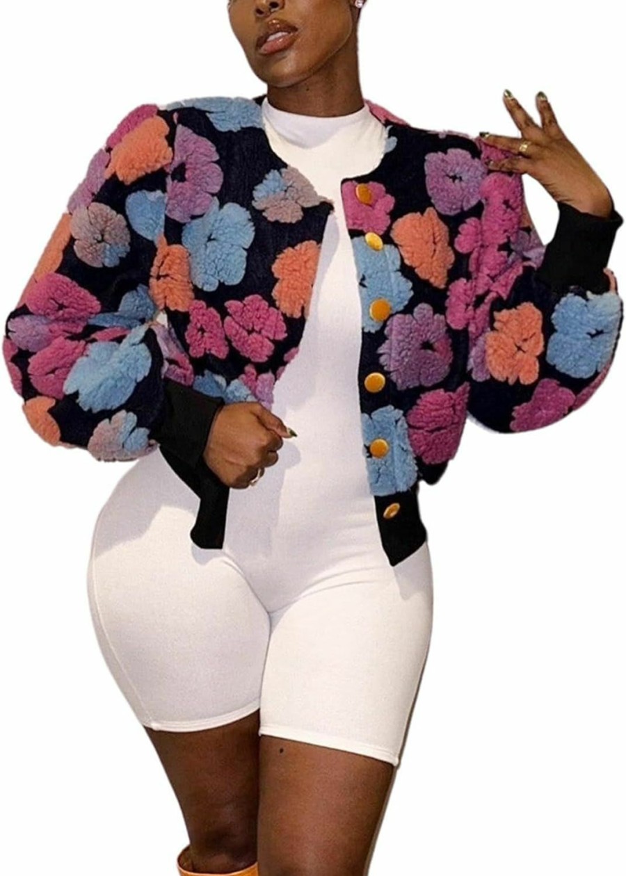 Gihuo Gihuo Women'S Floral Print Bomber Jacket Cropped Fleece Warm Button Down Coats Round Neck Fall Outerwear | Coats, Jackets & Vests