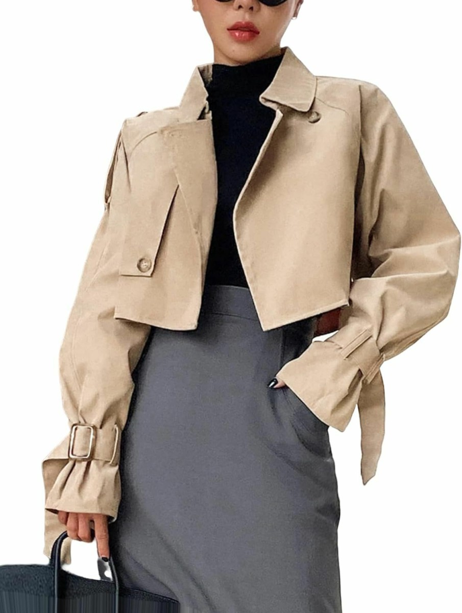 Kedera Kedera Women'S Cropped Trench Coat Long Sleeve Casual Jacket Classic Double-Breasted Lapel Overcoat Fashion Outerwear | Coats, Jackets & Vests