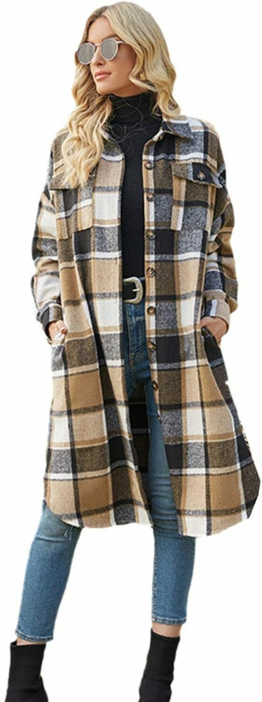 PUWEI Puwei Women'S Casual Lapel Button Down Long Plaid Shirt Coat Tartan Shacket Jacket | Coats, Jackets & Vests