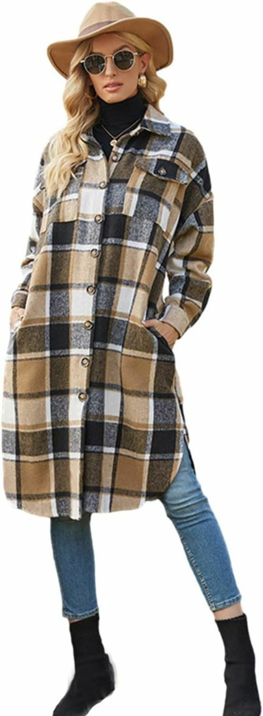 PUWEI Puwei Women'S Casual Lapel Button Down Long Plaid Shirt Coat Tartan Shacket Jacket | Coats, Jackets & Vests