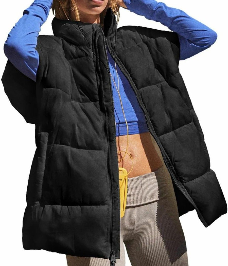 Eisctnd Eisctnd Puffer Oversized Vest Women Lightweight Stand Collar Flysleeve Insulated Padded Puffy Jackets Coat Long Puffer Vest Sleeveless (Black-Xl) | Coats, Jackets & Vests