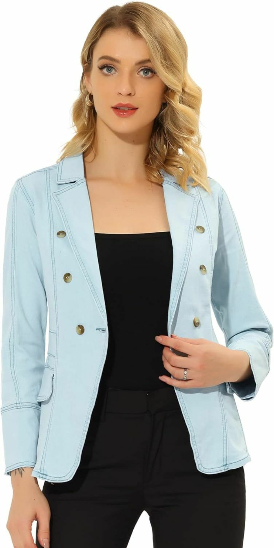 Allegra K Allegra K Women'S Jean Jacket Button Down Notched Lapel Long Sleeve Work Office Denim Blazer Jacket | Coats, Jackets & Vests