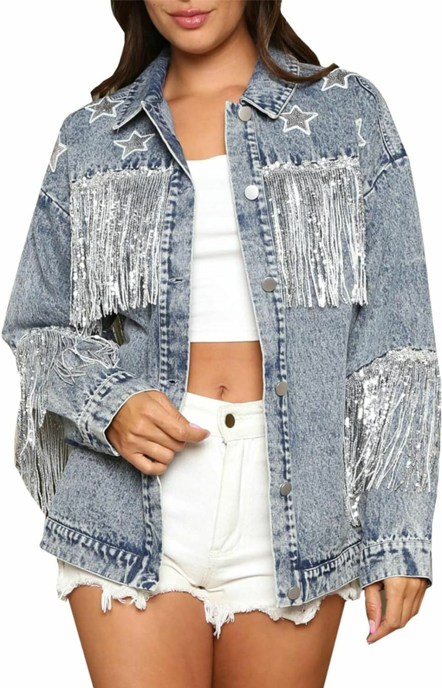 CYLADY Women'S Boyfriend Denim Jacket Long Sleeve Oversized Fringe Jean Jacket Coats | Coats, Jackets & Vests