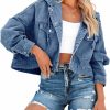 Ebifin Ebifin Women'S Oversized Denim Jacket Long Sleeve Button Down Hooded Jean Coat With Pockets | Coats, Jackets & Vests