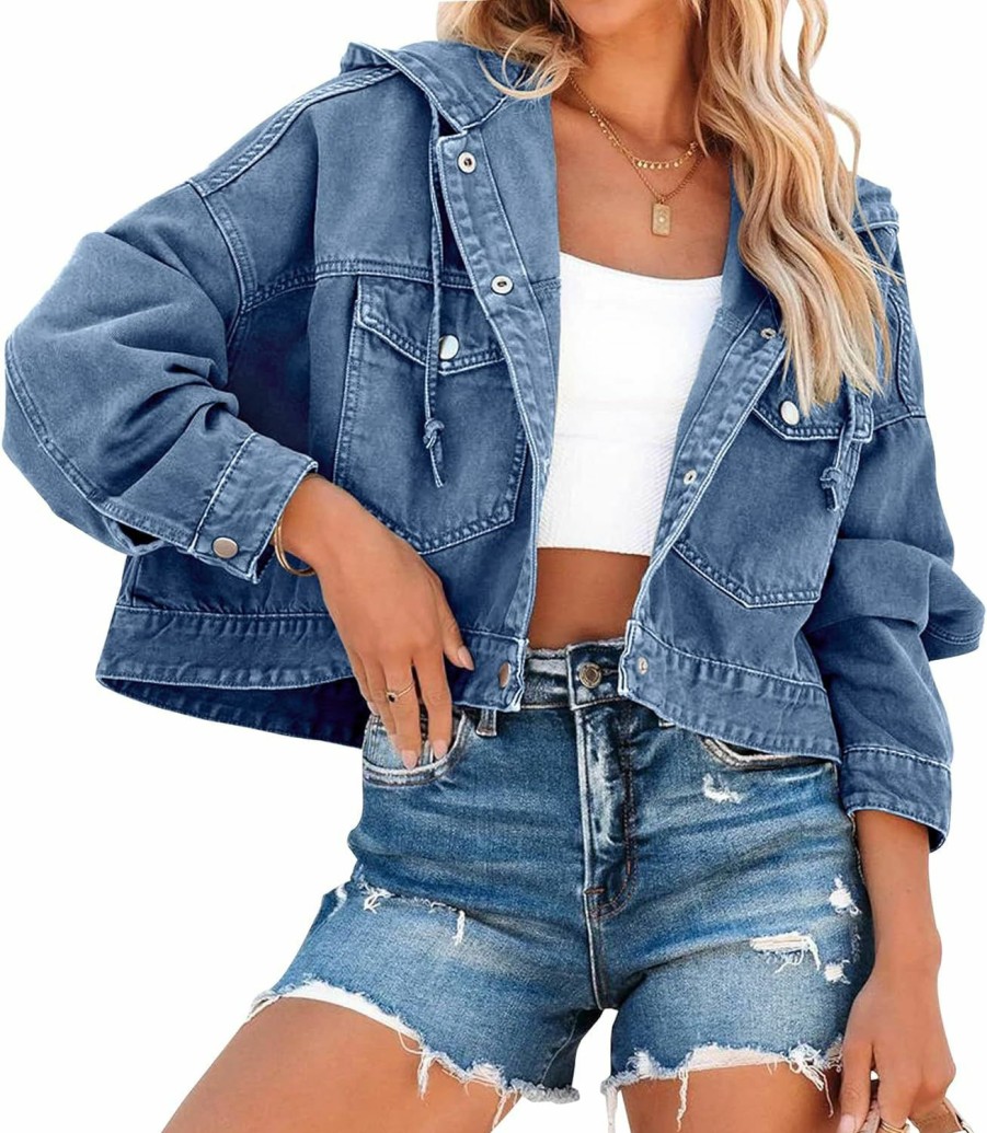 Ebifin Ebifin Women'S Oversized Denim Jacket Long Sleeve Button Down Hooded Jean Coat With Pockets | Coats, Jackets & Vests