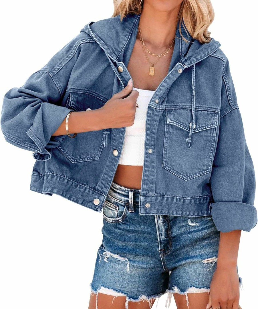 Ebifin Ebifin Women'S Oversized Denim Jacket Long Sleeve Button Down Hooded Jean Coat With Pockets | Coats, Jackets & Vests